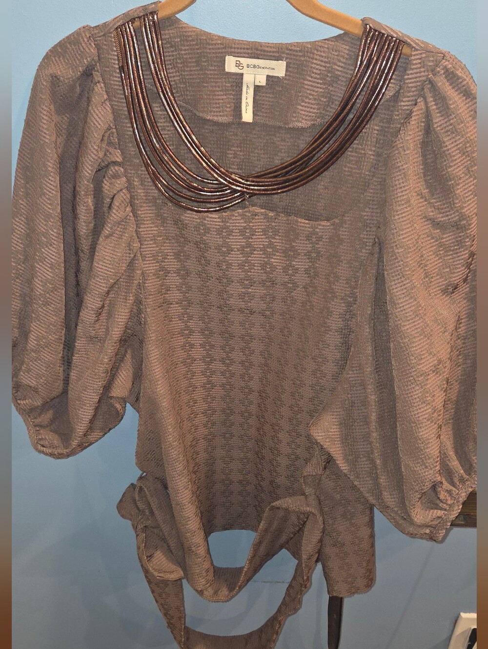 BCBGeneration Taupe Puff Sleeve Blouse with Beaded Collar